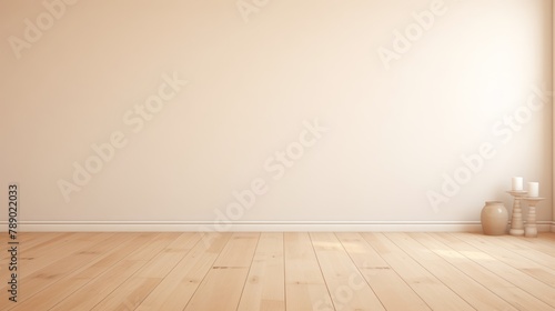 Idea of a white empty scandinavian room interior with wooden floor and large wall and white landscape in window. Home nordic interior. 3D illustration