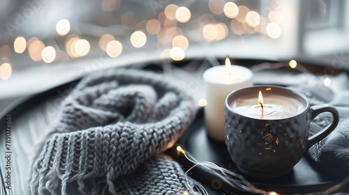 Winter cozy concept Flatlay of gray knitted sweater candle and coffee drink on black iron table Warm weekend in cold weather : Generative AI