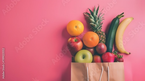 Fresh fruit and vegetables in paper bag on pastel pink background top view copy space Food groceries in bio package flat lay : Generative AI