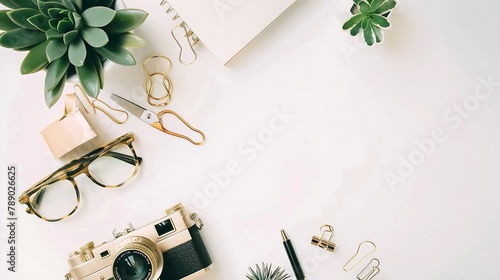 Flat lay top view office table desk feminine desk workspace with succulent retro camera scissors diary glasses and golden clips on white background : Generative AI