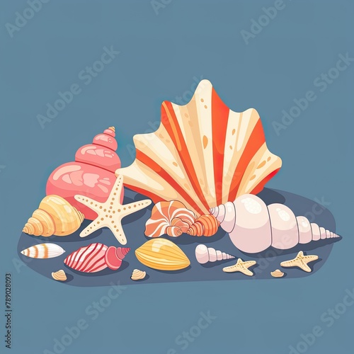 An array of beautifully illustrated seashells and starfish in soft pastel colors, artfully arranged against a muted blue background..