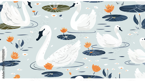 Seamless pattern with flock of white swans and cygnet