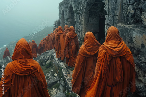 Amidst the stone walls of their monastery, medieval cyber monks blend ageold wisdom with cuttingedge technology, seeking harmony between the spiritual and the digital Closeup of the monks showcases th