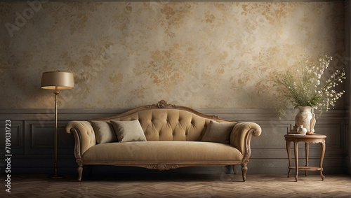 Antique sofa, couch, canape in an old shabby room, grunge, antique.