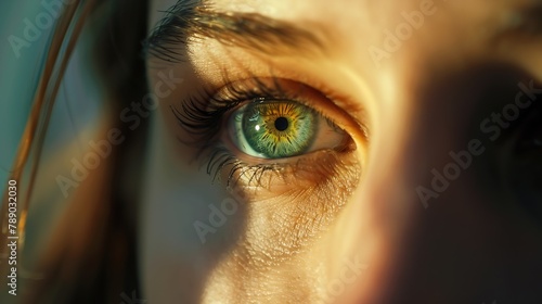 Close up of egreen eye of beautiful young woman Tired eyes and contact lenses Close up Dry eye before and after the use of eye drop : Generative AI