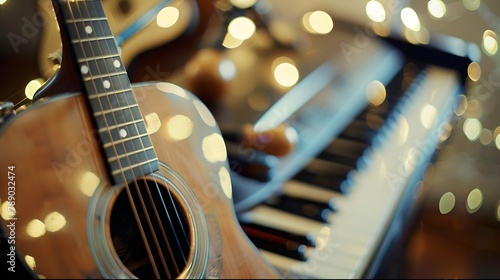 Guitar and piano keys closeup on a blurred background with bokeh : Generative AI