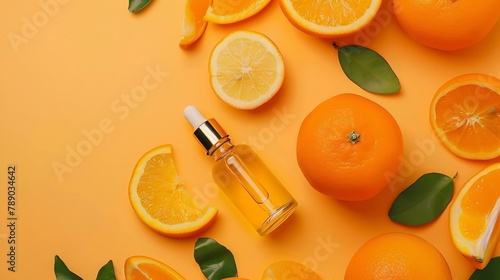 Natural orange essential oil in bottle and cut oranges fruit on orange background table Citrus oil for skin care spa massage aromatherapy and natural medicine Flat lay top view copy s : Generative AI