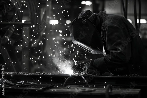 Man welding with reflection of sparks on visor .