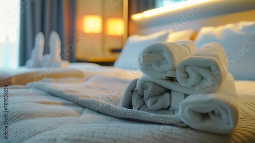 Close up of comfortable bed with towels in hotel bedroom decoration in cozy style Conceptual of a room in a home where people sleep : Generative AI