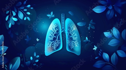 A banner for May 4 for World Asthma Day with an illustration of purple lungs with plants. The banner is in cool blue shades. 