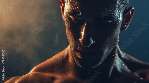 Portrait of a sweaty and muscular man breathing hard on the hard work just finished Concept of breathing workout gym and workout and fatigue : Generative AI