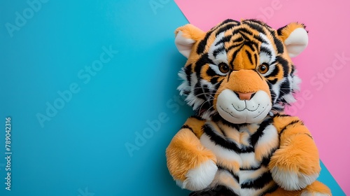 Tiger plushie doll on colored background