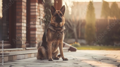 Big guard dog sitting in front of the house close up picture of guard dog sitting in front of house and garden background Watchdog concept Pet dog stay at home and watch : Generative AI
