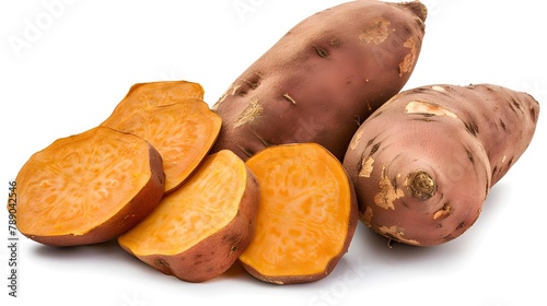 Sweet potato (Ipomoea batatas tuberous root), whole and sliced, isolated w paths