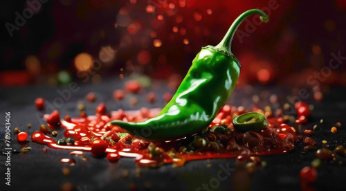 red chillier with sauce and seed placed onto he gradient background with abstract green chilly with the combination with the red pepper abstract food background 