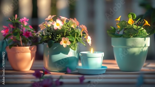 Flower pots and tealight on the table : Generative AI