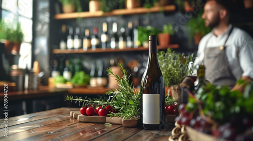 A bottle of wine sits on a table next to a bunch of herbs and a bowl of fruit