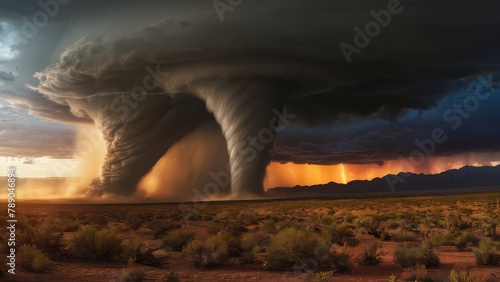 Dramatic artwork of a huge tornado touching a desert landscape at sunset with dark storm clouds. Danger concept