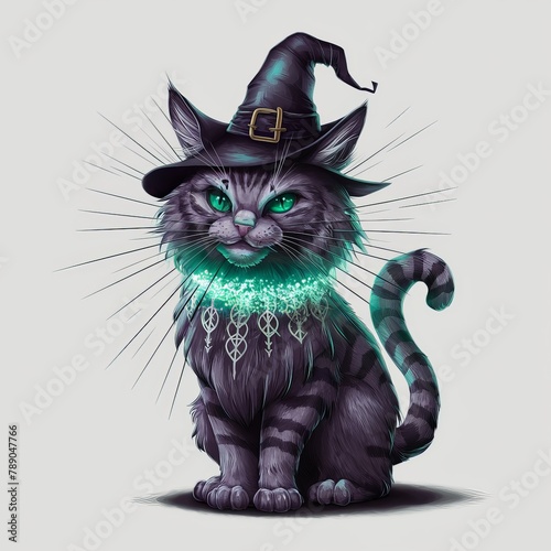 Cat wears a witch hat and shiny collar vector, Generative AI