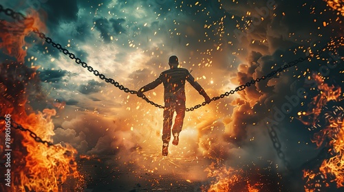 A man is breaking free from chains while surrounded by fire.