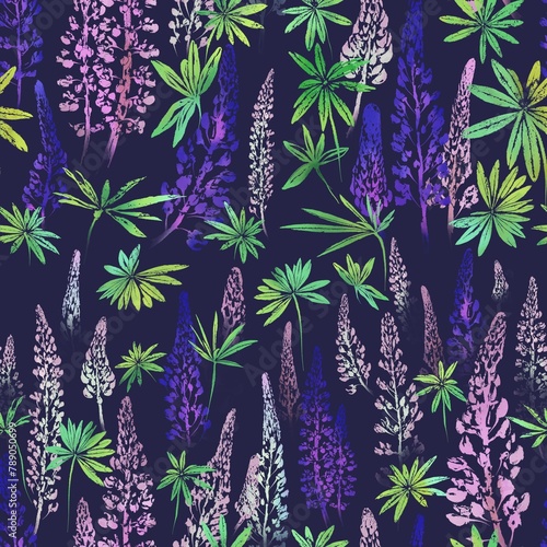 Lupine flowers and leaves in floral seamless pattern in print technique on dark lilac background. Can be used for printing on textiles, wallpaper in a child's room or bedroom , on the linens.