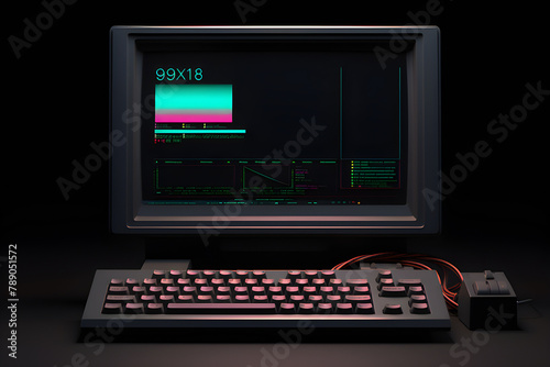 Vintage 1980s personal desktop computer with screen and keyboard in pink and purple, generated by AI. 3D illustration