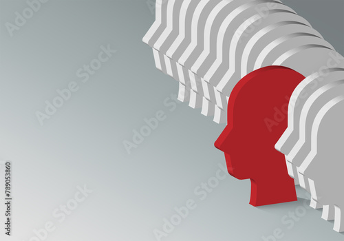 Crowd white head sign with red head sign. Problem resolve control. Metaphor mind mental. Split personality. Concept Psychology. Dual personality mind. Mental health.