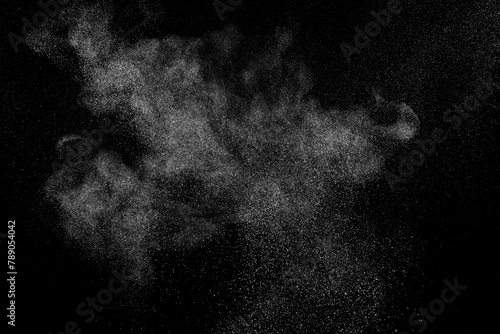  Abstract dust overlay texture. White particles on black background. Powder explosion. 