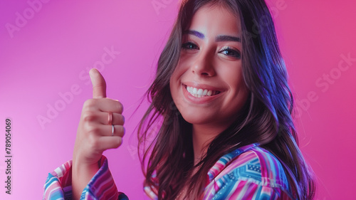 Young hispanic woman isolated on purple background giving a thumbs up gesture and smiling at camera.