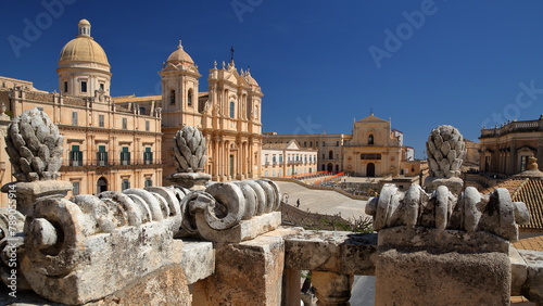 Piazza del Duomo (Duomo Square) in Noto, Syracuse, Sicily, Italy, with Basilica Minore di San Nicolo (Cathedral of St Nicholas) on the left