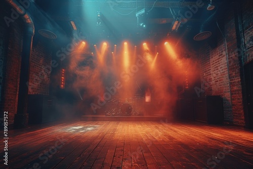 The warm glow of stage lights sets the scene for an intimate live music performance in a rustic setting