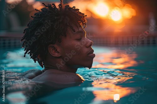 Shirtless black men swimming in a tropical pool.