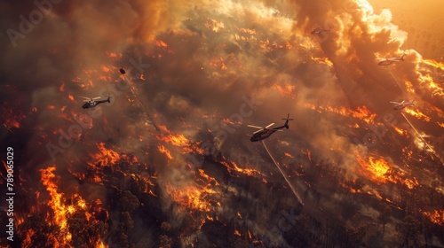 A dramatic aerial view of firefighters battling a raging wildfire from the air, with helicopters dropping water and fire retardant to contain the blaze and protect the forest.