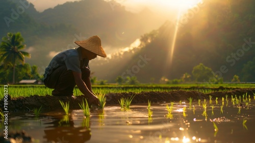 A farmer planting young rice seedlings in flooded fields, a timeless agricultural practice that sustains communities and cultures around the world.