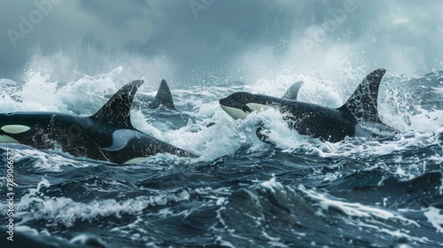 A group of orcas hunting in the wild, their powerful dorsal fins slicing through the waves as they work together to capture their prey, showcasing the apex predator in action.