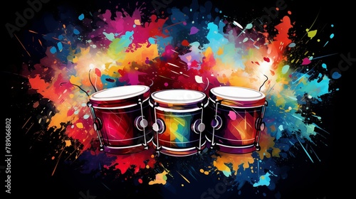 Abstract and colorful illustration of bongos on a black background