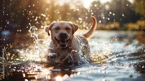 A happy Labrador retriever leaping into a tranquil lake, with water droplets flying as it dives headfirst into the refreshing water, enjoying a playful swim on a sunny day.