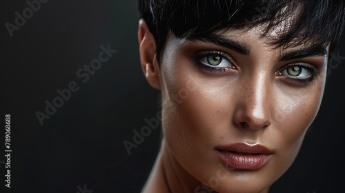 Beautiful female face closeup on a black backgroundWoman with a short haircut and dark hairRetro style makeup Advertising concept for decorative cosmetics : Generative AI