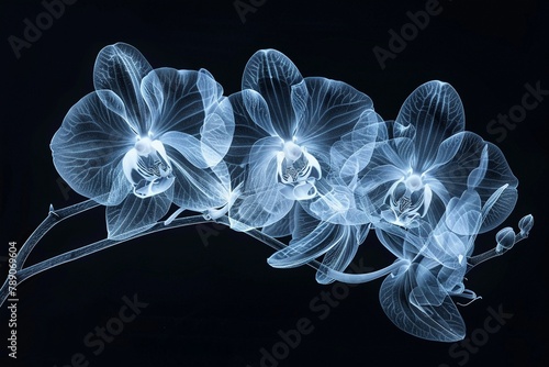 Fine art Xray showcasing an orchids delicate structure, its petals and roots elegantly displayed high detailed