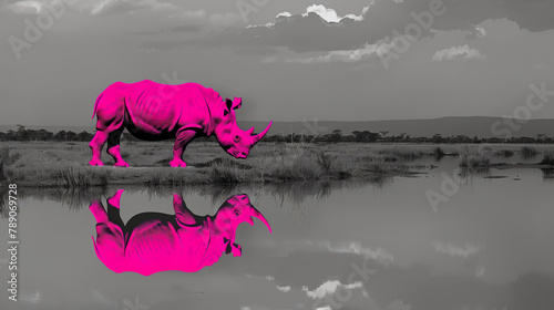 A neon pink rhino is walking through a field of grass. a black and white photo showing a bright neon pink majestic rhino standing by a waterpond on the savannah on a summer evening