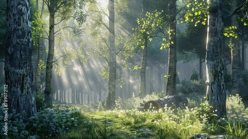 tranquil forest scene with sunlight filtering through the trees, creating a serene backdrop for meditation and reflection.