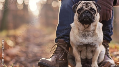 A pug sitting obediently next to its owner, showcasing the loyalty and devotion that these dogs often have towards their human companions.