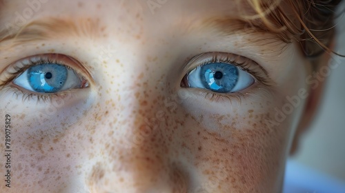 Closeup photo Body part Young happy and joyful face in freckles blue eyes of a child teenager looking at the camera : Generative AI
