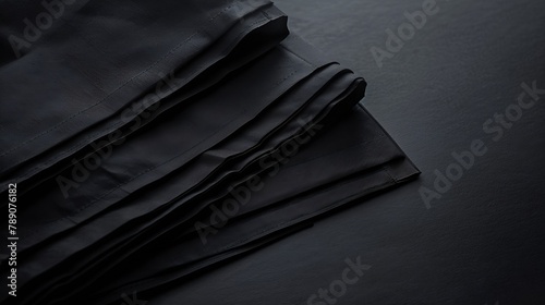 Black textile background Folded black napkins on black background Eco friendly Mock up for display or montage of dishes food or washing detergent Showcase for presentation Flat lay : Generative AI