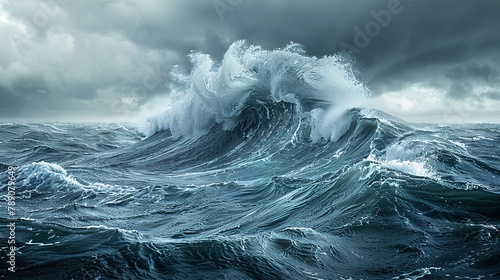 Create a stunning image of a massive wave crashing in choppy waters under a cloudy sky, stirred up by the wind, capturing the mesmerizing fluid movement of the ocean