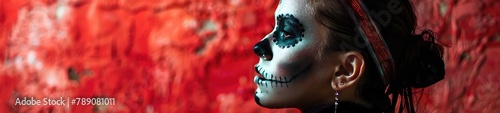 Portrait of a young woman with makeup of day of the dead and mexican flag