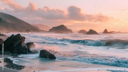 AI generated illustration of a photograph of the beach, with not much rocks and mountains in the background. waves crashing against distant cliffs under a pastel sky at sunset