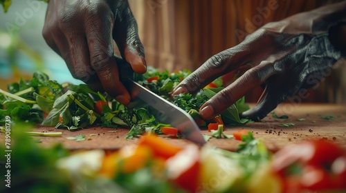 Close up of african american hands using professional knife to chop finely fresh organic herbs and vegetables for stew recipe Cook cutting greens for gourmet dish served at fine dining : Generative AI