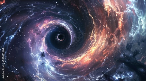 Vortex of swirling cosmic dust and radiant stars encapsulating an ominous black hole in the abyss of deep space