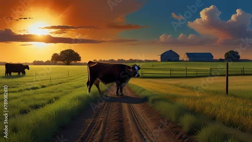Modern farmland, cow stand among green gardens. Agricultural landscapes that include pastures, cornfields, Cottage and cattle ranches, digital painting